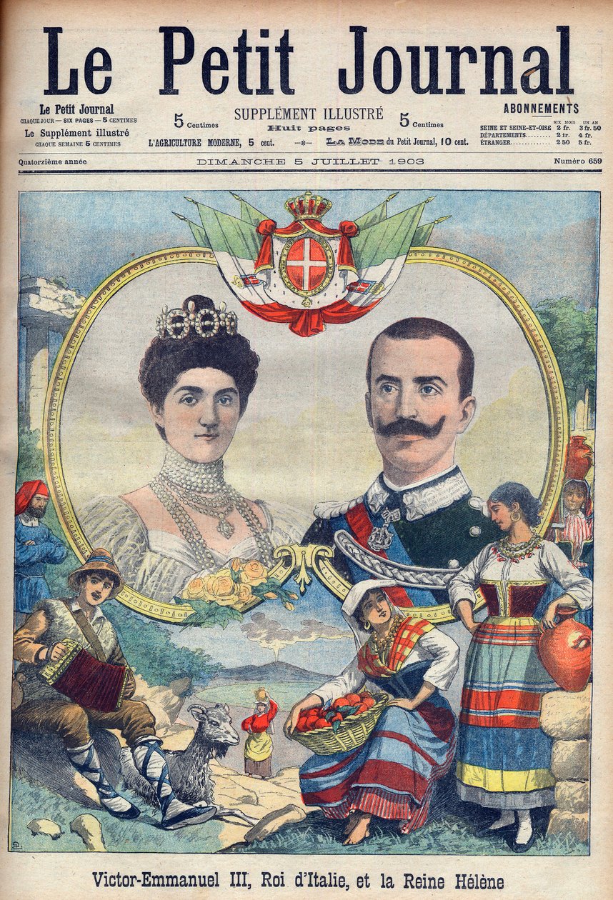Vittorio Emanuele III di Savoia og Elena di Savoia - Kong Victor Emmanuel III og dronning Elena av Italia. Victor Emmanuel III, konge av Italia, og dronning Helene. Illustrasjon for Le petit Journal, 5. juli 1903. av French School