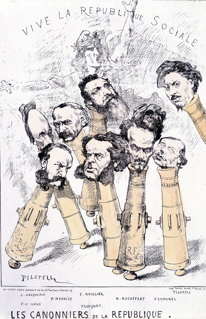 Lenge leve den sosiale republikken - Republikkens kanonbåter: A. Vacquerie, F.V. Hugo, P. Meurice, E. Roullier, Flocquet, H. Rochefort, Vermorel, Pilotell. Tegnefilm. av French School