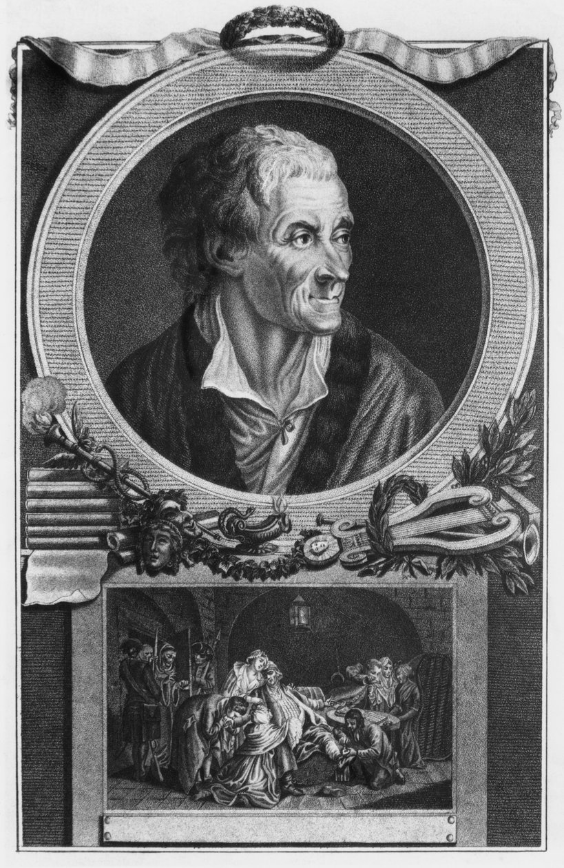 Voltaire og Calas-affæren (gravering) (bw-bilde) av French School
