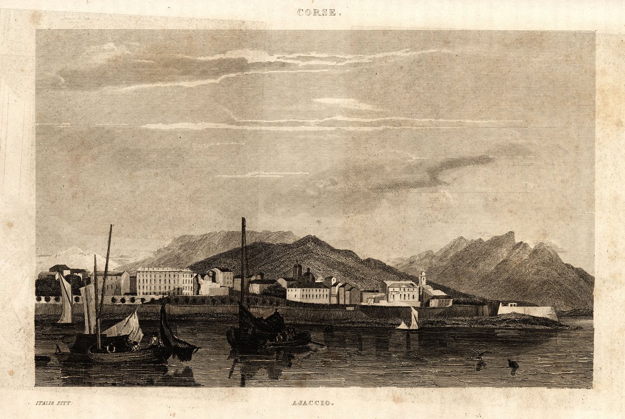 Utsikt over Ajaccio, Korsika, gravering fra 1836. av French School