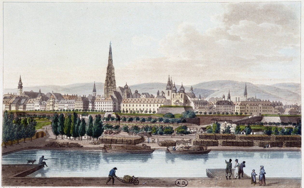 Utsikt over Wien fra siden av Land Strassel - i ""Picturesque reise til Østerrike av grev Alexandre de Laborde"", Paris, red. Didot den eldste av French School