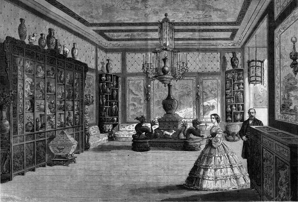 Utsikt over det kinesiske museet til keiserinne Eugenie de Montijo, installert i 1863 på Chateau de Fontainebleau. Gravering i ""Le Monde Illustre"" nr. 325 av 4. juli 1863. av French School