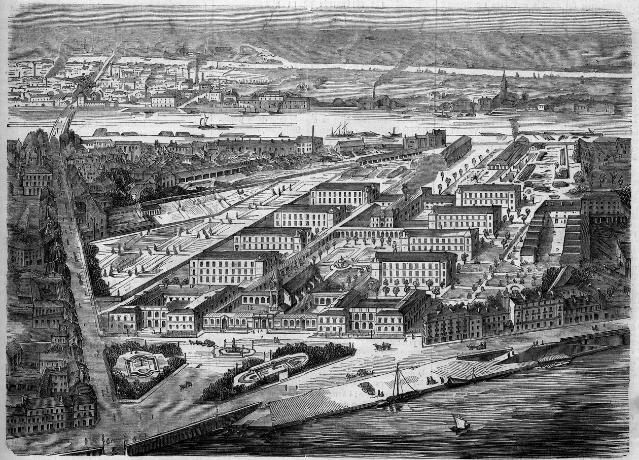 Utvendig utsikt over Hotel Dieu (Hotel-Dieu) i Nantes, innviet i 1863. Dette sykehuset ble nesten fullstendig ødelagt under et bombardement i 1943. Loire Atlantique (44). Gravering i ""Le Monde Illustre"" nr. 347 av 5. desember 1863. av French School