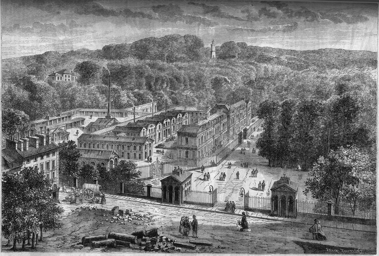 Utvendig utsikt over den keiserlige porselensfabrikken i Sevres, bygget i parken Saint Cloud i henhold til planene til arkitekten Laudin av French School