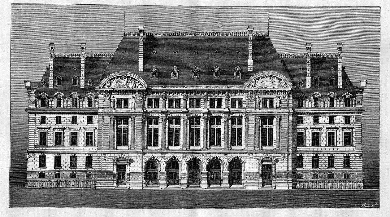 Utvendig visning av de nye bygningene til Sorbonne i Paris (hovedfasade) av Henri-Paul (Henri Paul) Nenot (1853-1934) av French School