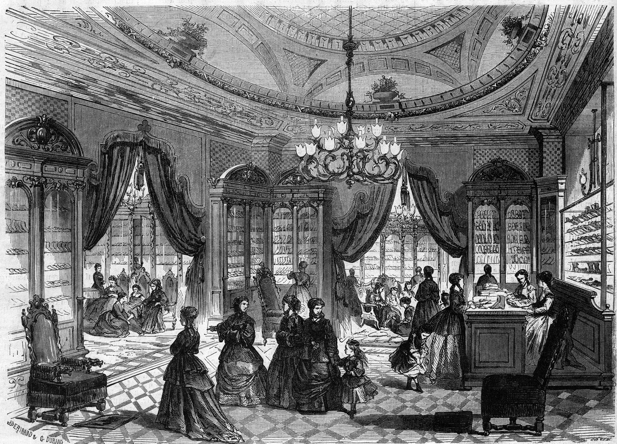 Innvendig visning av Mr. Herberts skobutikk, 93 rue de Richelieu i Paris. Gravering i ""Le Monde Illustre"" nr. 613 av 9. januar 1869. av French School