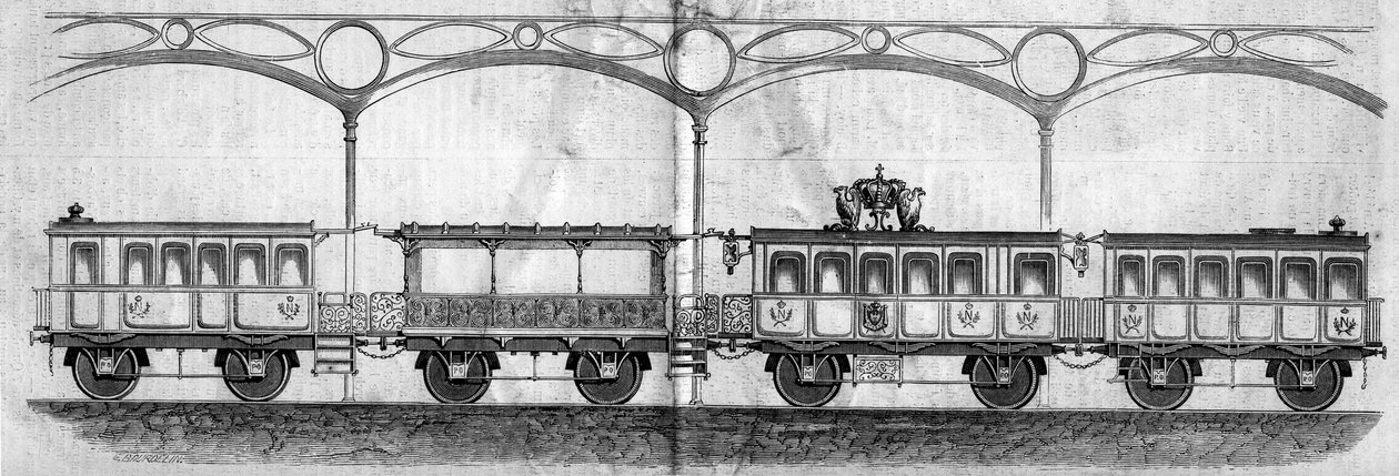 Vogne okkupert av keiser Napoleon III (1808-1873) under reisen fra Paris til Cherbourg i 1858. Gravering i “” Le Monde Illustré”” nr. 70 av 14. august 1858. av French School