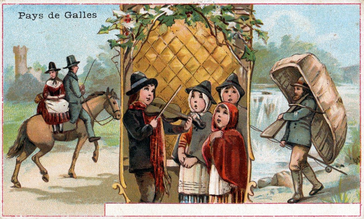 Wales, et salgsfremmende kort for drinken Chicorée à la Bergère med skildringer av walisisk liv, ca. 1890 (se også 488432) av French School