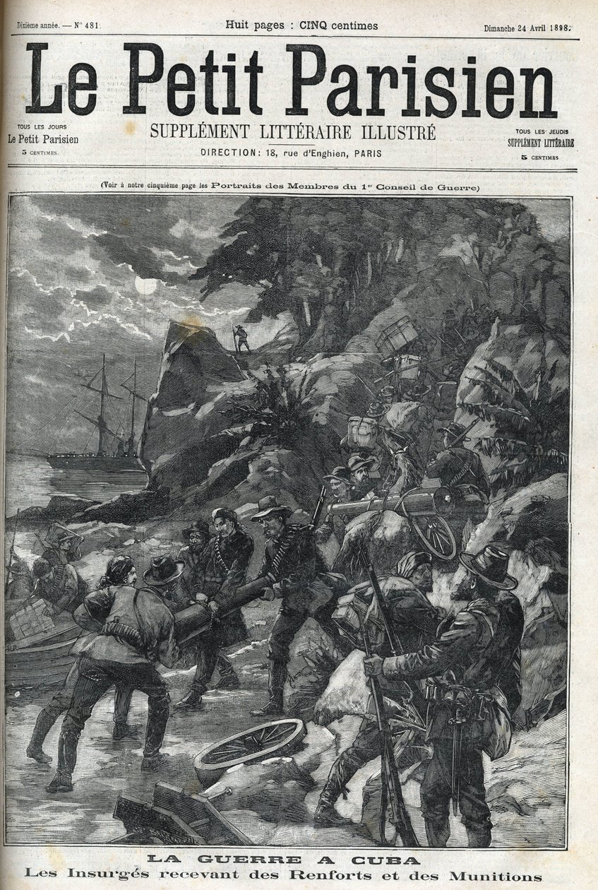 War (of Independence) in Cuba: Insurges receiving Reinforcements and Ammunition. The Cubans rose up against Spanish domination in 1895 and the war ended in 1896 with the help of Americans. “” The Little Parisien””, 24/04/1898. av French School