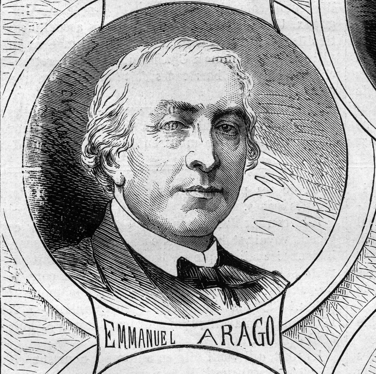Krigen i 1870 - regjeringen for det nasjonale forsvaret: portrett av Emmanuel Arago (1812-1896), medlem av den provisoriske regjeringen i 1870. Gravering i "" Le Monde Illustré"" nr. 706 av 22. oktober av French School