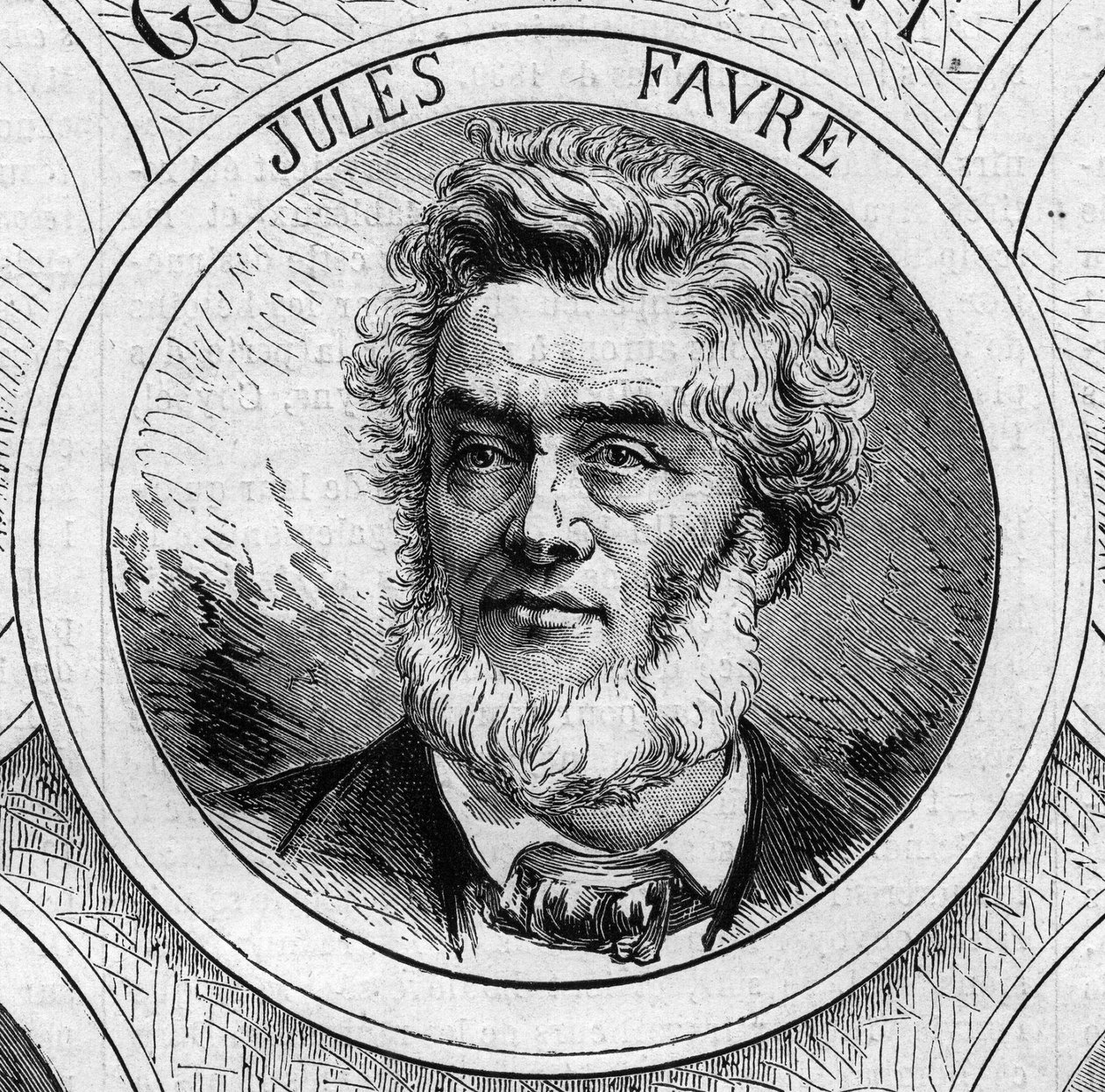 Krigen i 1870 - regjeringen for det nasjonale forsvaret: portrett av Jules Favre (1809-1880), medlem av den provisoriske regjeringen i 1870. Gravering i "" Le Monde Illustré"" nr. 706 av 22. oktober av French School