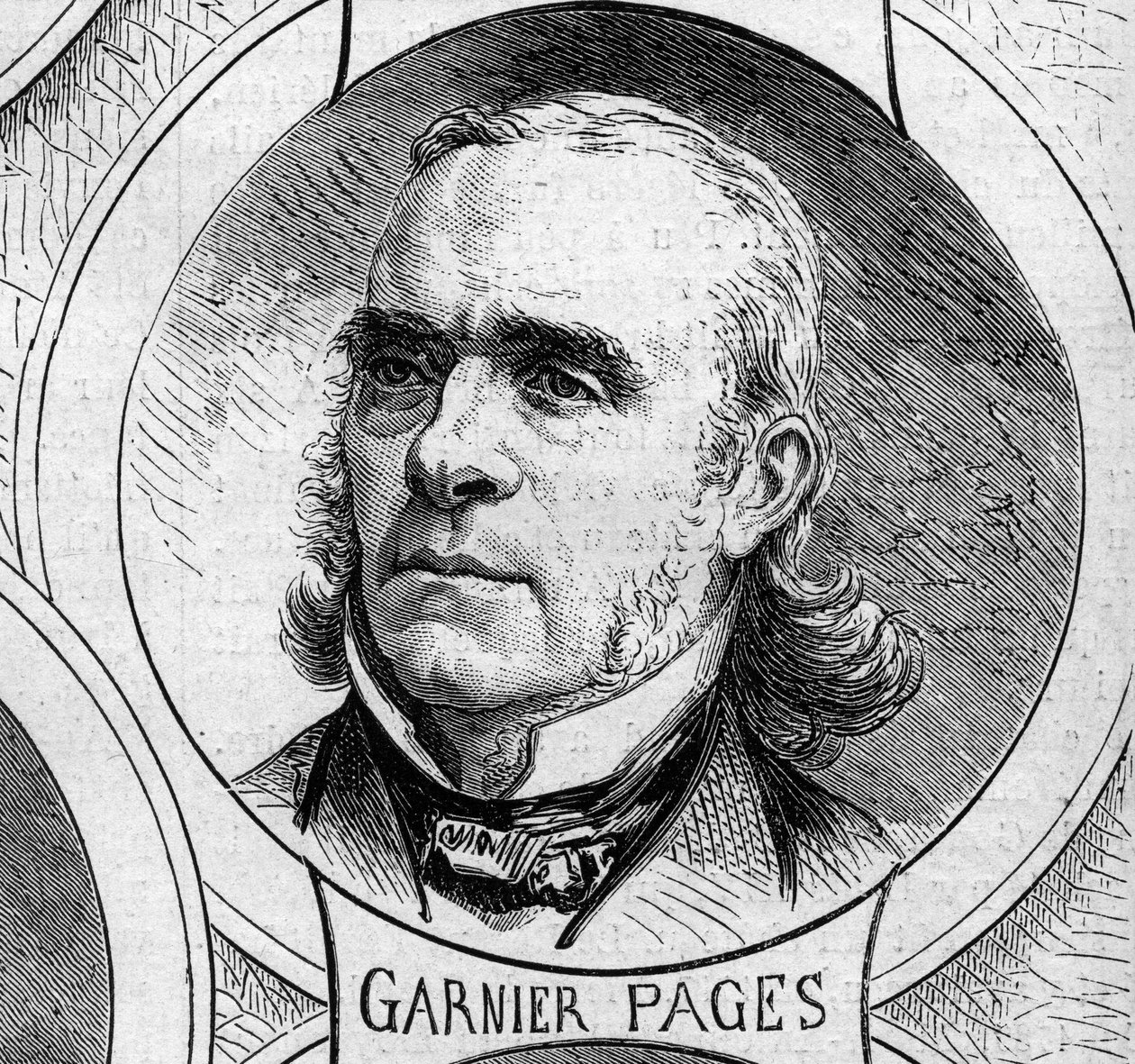 Krigen i 1870 - regjeringen for det nasjonale forsvaret: portrett av Louis Antoine Garnier Pages (Garnier-Pages) (1803-1878), medlem av den provisoriske regjeringen i 1870. Gravering i "" Le Monde Illustré"" nr. 706 av 22. oktober av French School