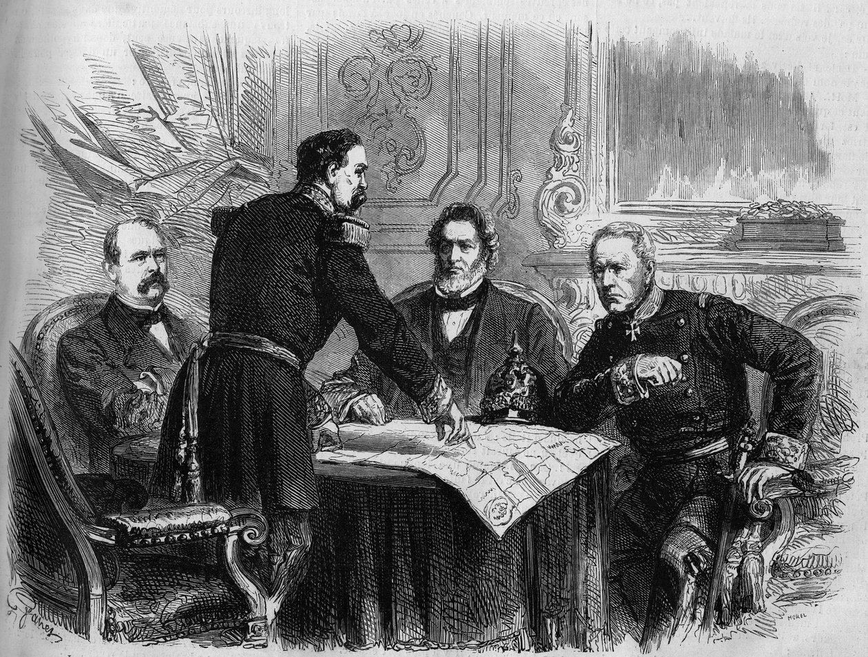 Krigen 1870 - Beleiring av Paris: undertegning av våpenhvilen mellom de franske og prøyssiske representantene etter overgivelsen av Paris, 28. januar 1871. Fra venstre til høyre: Otto von Bismarck (1815-1898), Horix de Valdan (1810-1883) , Jules Favre (180 av French School