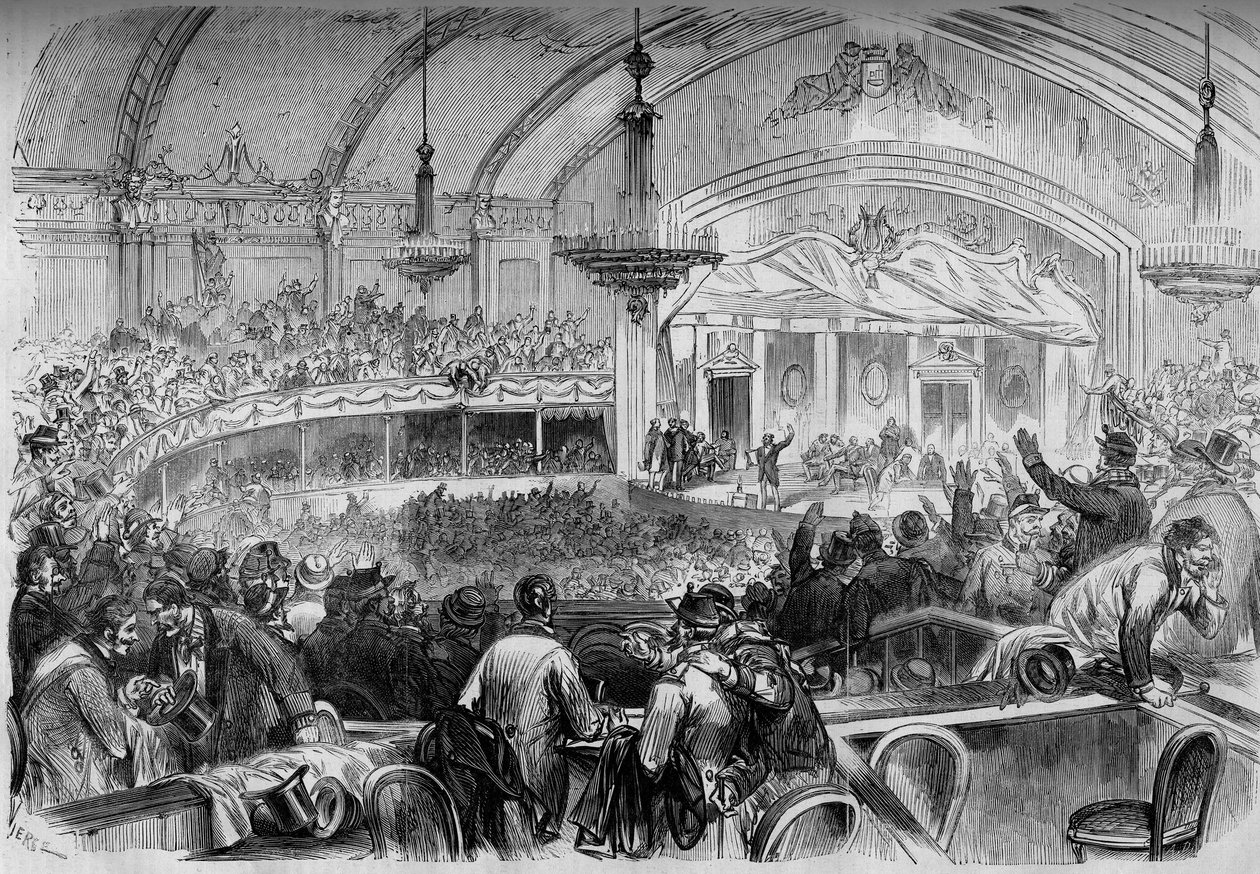 Krigen i 1870 - lovgivende valg under våpenhvilen - februar 1871: valgmøte på Cabaret des Folies Bergeres i Paris for proklamasjon av kandidater til nasjonalforsamlingen. Gravering i "" Le Monde Illustré"" nr. 722 av 11. februar 187 av French School