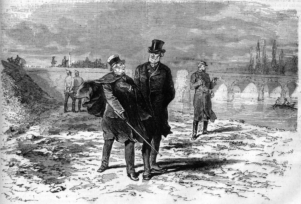 War of 1870: Interview between Adolphe Thiers (1797-1877) and Jules Favre (1809-1880) who decided on the breakdown of negotiations concerning the armistice with Germany. Engraving in “” Le Monde Illustré”” n°709 of 12 November 1870. av French School