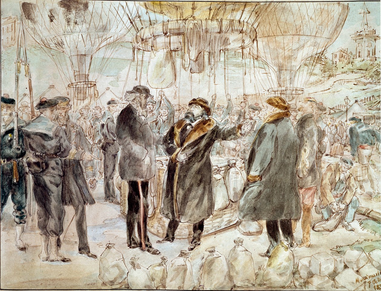Krigen i 1870: Leon Gambetta forlater Paris-beleiringen i en ballong (maleri av French School