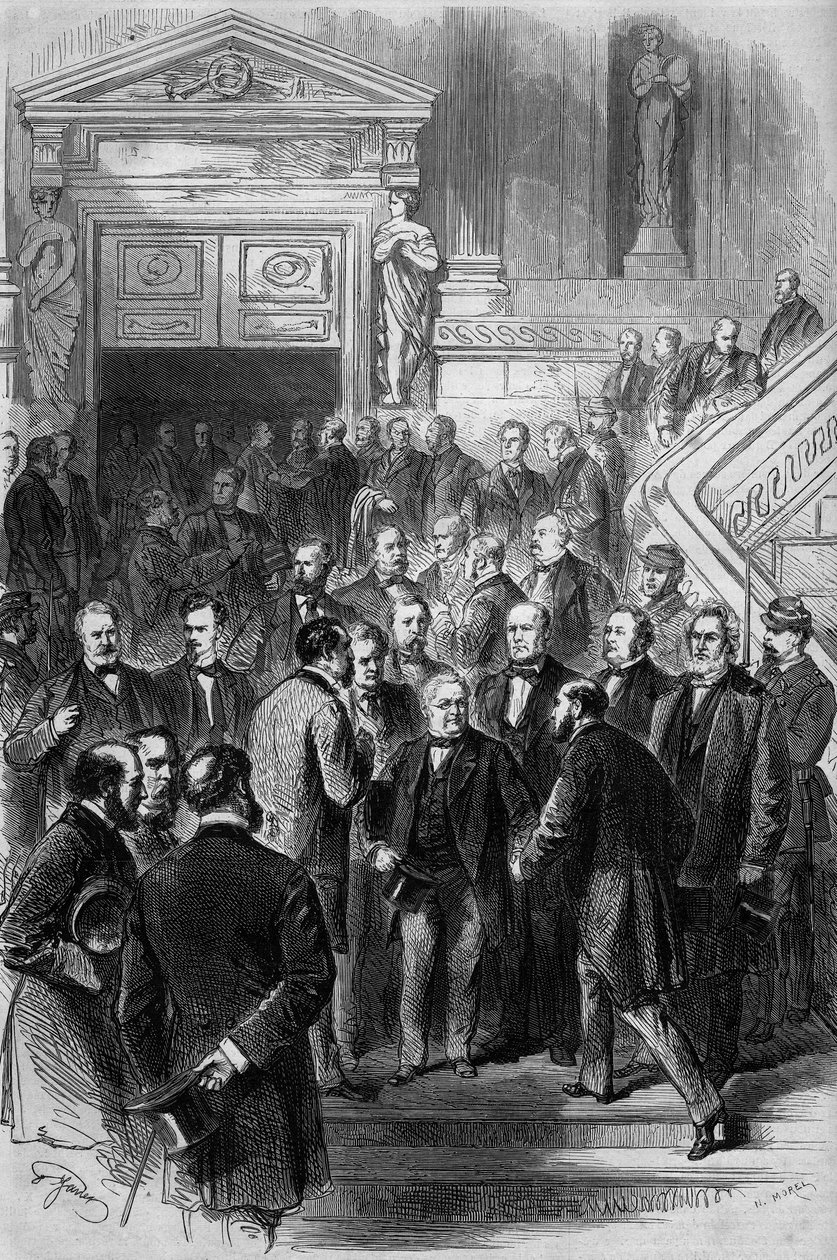 Krigen i 1870: Presidenten for rådet Adolphe Thiers (1797-1877) mottok gratulasjonene fra deputatene med løslatelsen fra nasjonalforsamlingen gjenforent i Bordeaux 19. februar 1871. Han har nettopp fått sin regjerings investitur. Gravering i "" Le Mo av French School