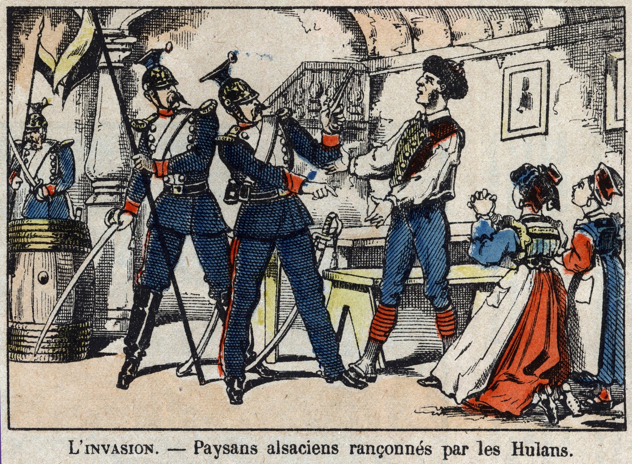 Krig i 1870 mellom Frankrike og Preussen: Elsassiske bønder ranet av Hulans (Uhlans, Houlans) bildet av Epinal. av French School