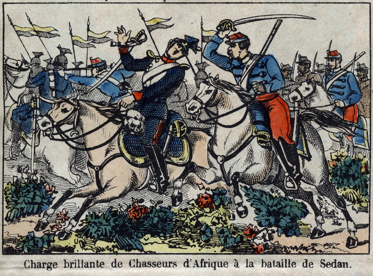 Krigen i 1870 mellom Frankrike og Preussen: Anklagen mot afrikanske jegere i slaget ved Sedan i 1870. Bilde av Epinal. av French School