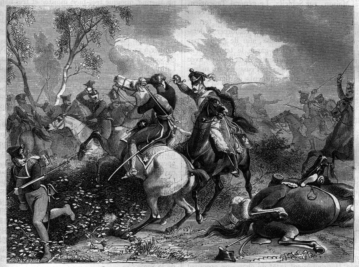 War of the Forth Coalition 1806 - 1807 - Prince Louis Ferdinand of Prussia mortally wounded during combat with invading English cavalry at the Battle of Saalfeld during the Napoleonic Wars av French School