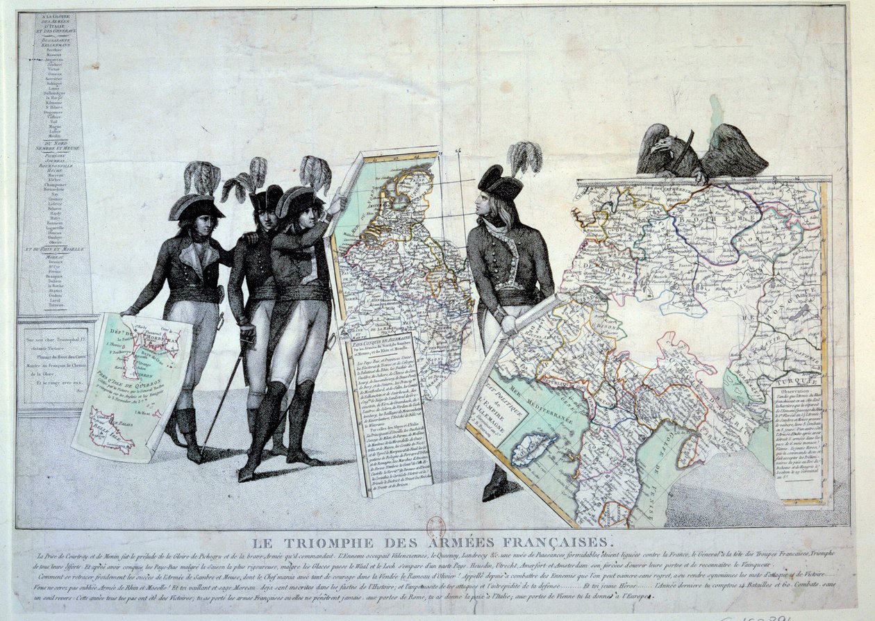 Revolusjonskrigene: General Napoleon Bonaparte (1769-1821) holder et kart over Italia (på tidspunktet for den italienske kampanjen) for å fullføre puslespillet om territoriene erobret av Frankrike. Til venstre, sannsynligvis generalene Hoche, Pichegru og J av French School