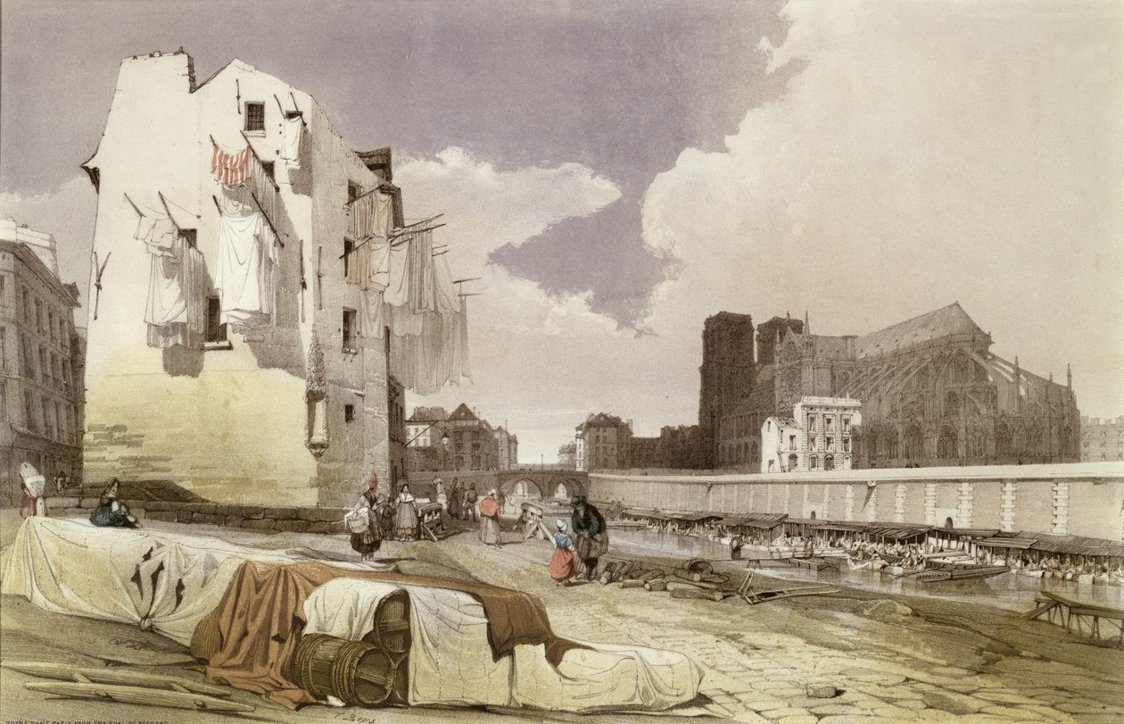 Vaskekvinner ved Lavoirs ved Quai Montebello, ca. 1840 av French School
