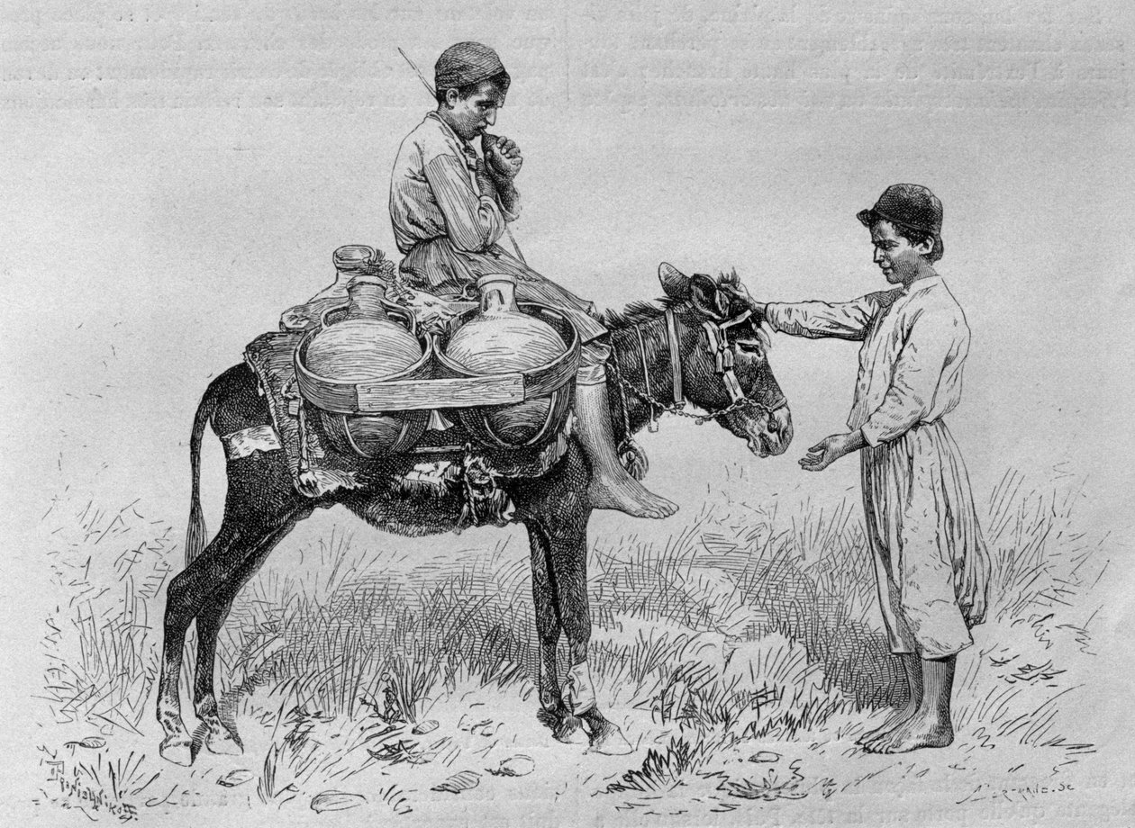 Vannbærer, fra Syria i dag. Reiser i Fønikia, Libanon og Judea. 1875-1880 av Louis Charles Emile Lortet, 1884 (bw gravering) av French School