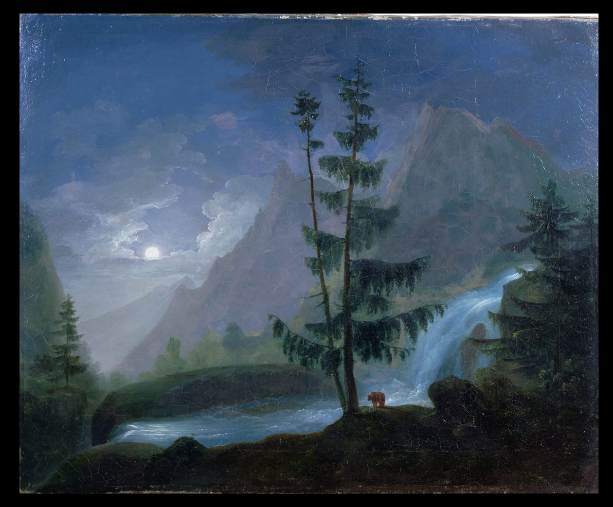 Foss nær Pont dEspagne ved måneskinn, ca. 1833 av French School