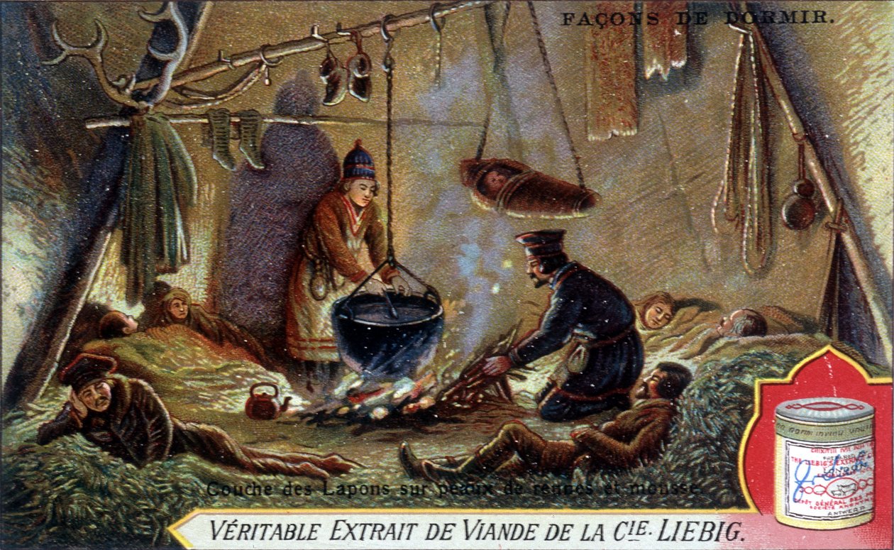 Måter å sove på: Lappelag på reinsdyrskinn og skum. Kromolitografi emballasje Liebig. av French School