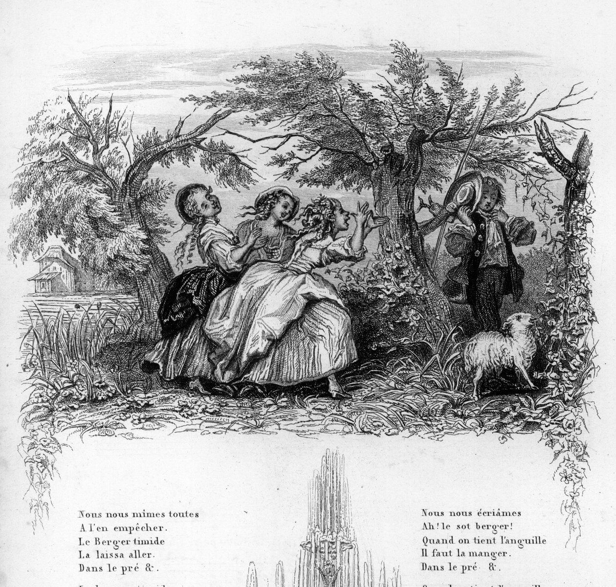 Vi var tre jenter. Tre jenter som leker med en gjeter og gjør ham ukomfortabel. Gravering i "" Chants et chansons populaire de la France", Tome 2 av French School