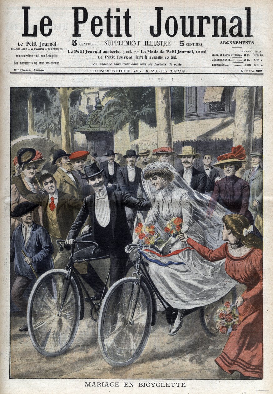 Bryllup på sykkel på gårdsplassen til rådhuset i Nice, i "Le Petit Journal" av 25. april 1909 (gravering) av French School