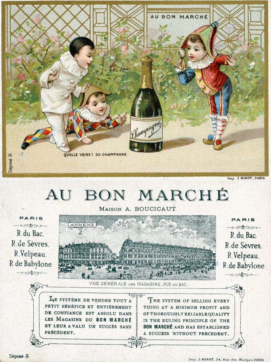 Hvilken lykke! en flaske champagne; foran og bak på et kampanjekort for Bon Marché-varehusene i Paris, ca. 1895 av French School