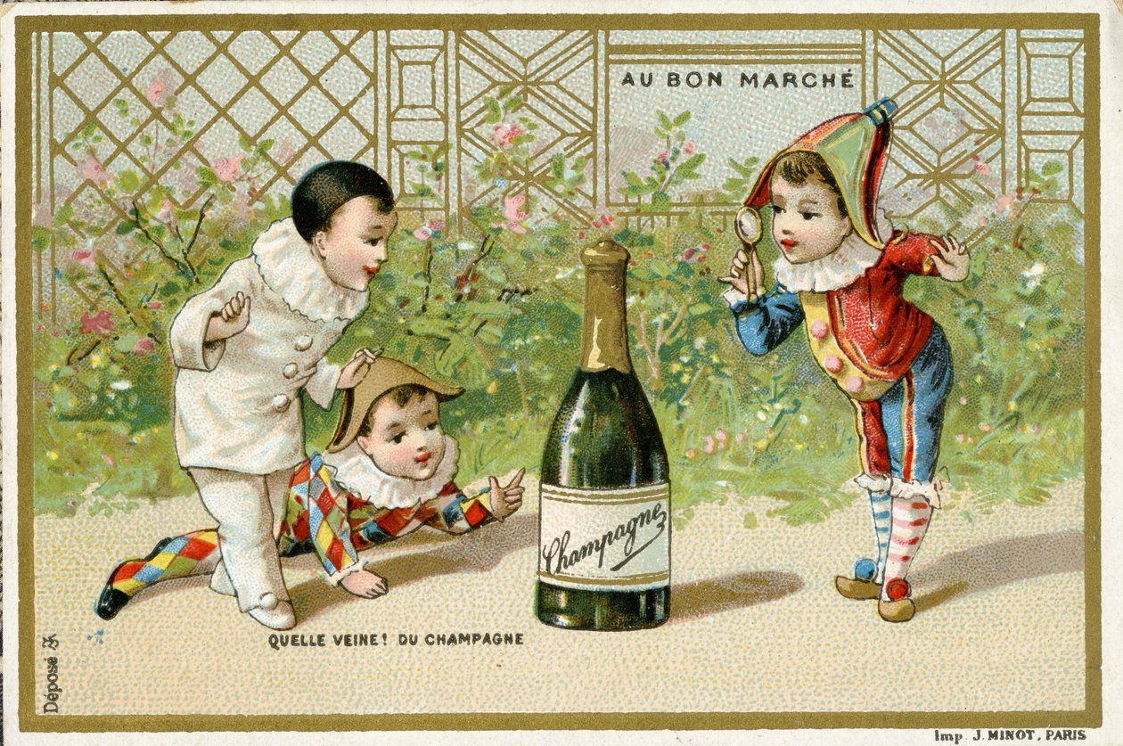 Hvilken lykke! en flaske champagne, kampanjekort for det parisiske varehuset Au Bon Marché, ca. 1895 (se også 488428) av French School