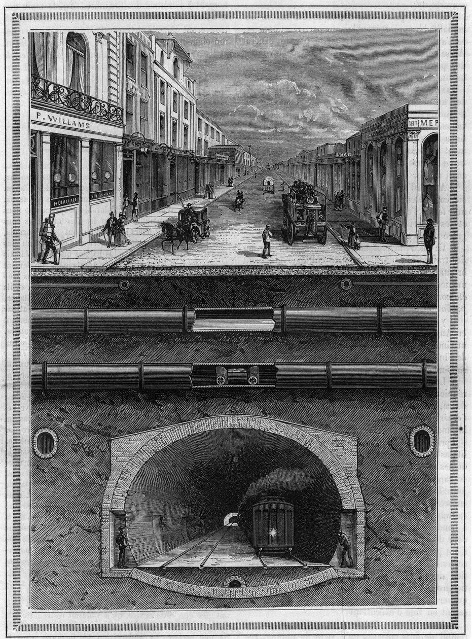 Hva er under broen til London (Storbritannia): Gassrør, vannrør, pneumatisk rør for avfall, avløp, tunnel og jernbanelinje for storbyområder. Gravering i "" La Nature. Revue des sciences et de ses applications aux arts et à l
