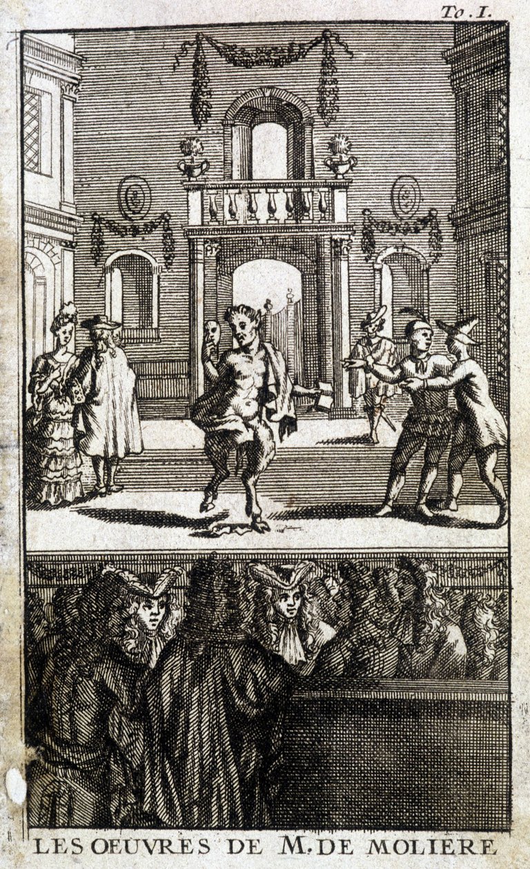 Dyreliv og karakterer på scenen med publikum - i «The Works of M. de Molière»» av French School