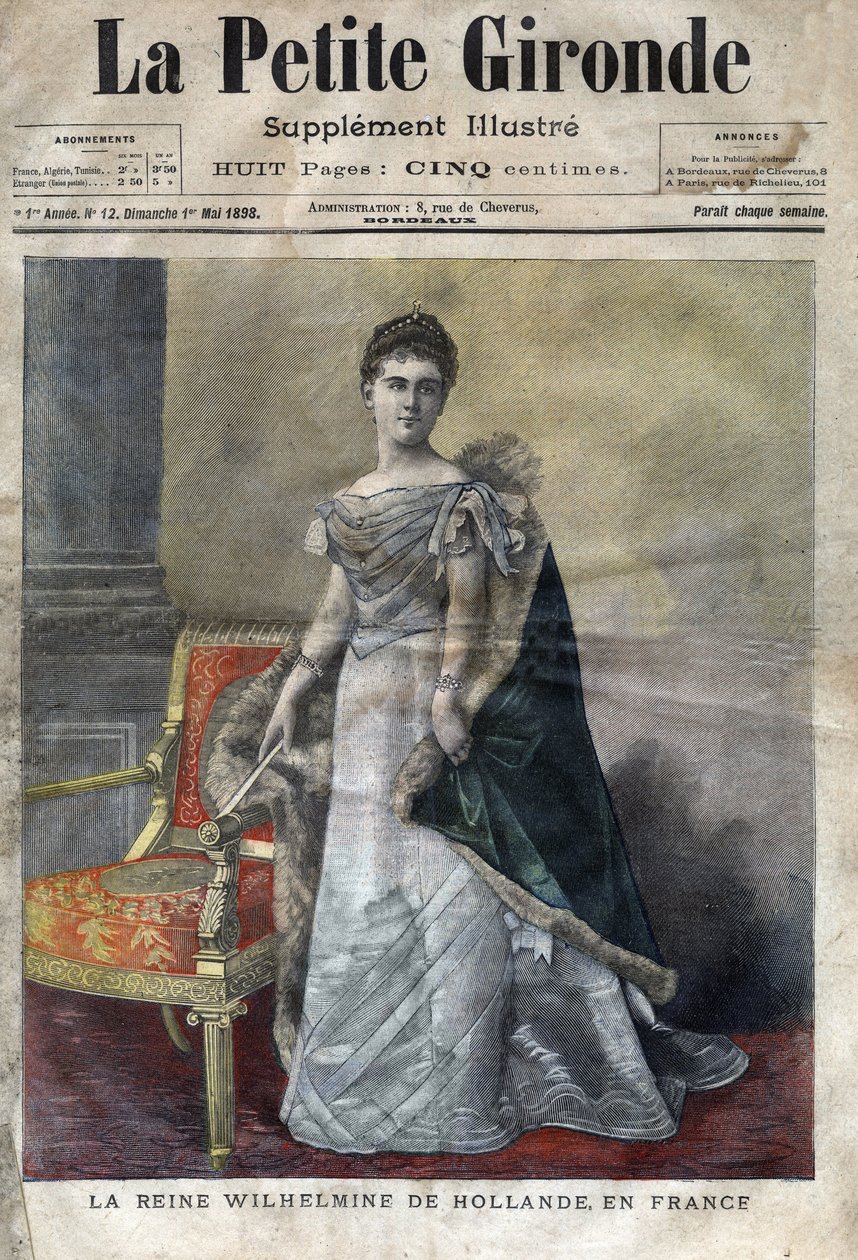 Wilhelmine av Orange-Nassau (1880-1962), dronning av Nederland fra 1890 til 1948, datter av Vilhelm III, hun abdiserte til fordel for datteren Juliana. Omslag til «La petite Gironde» fra mai 1898 (gravering) av French School