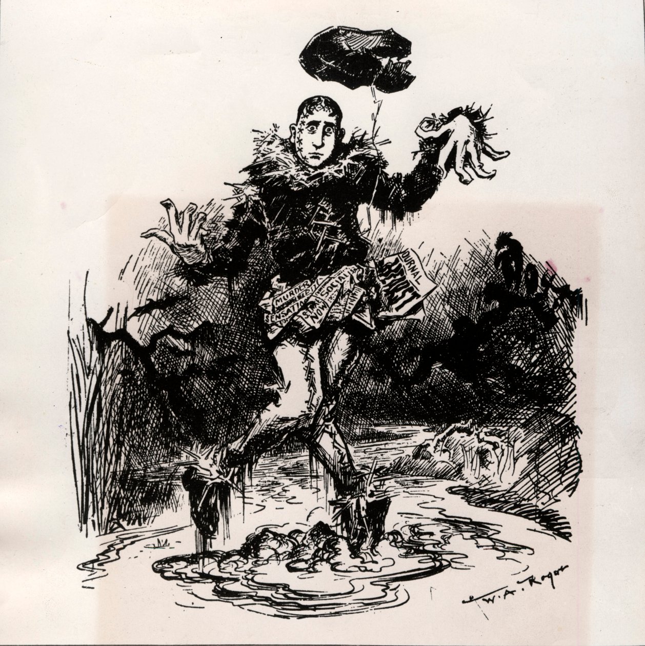 William Hearst, pressejournalist med sensasjon, representert som fugleskremsel i gjørmen - Caricature of Harper's Weekly 1906 (gravering) av French School