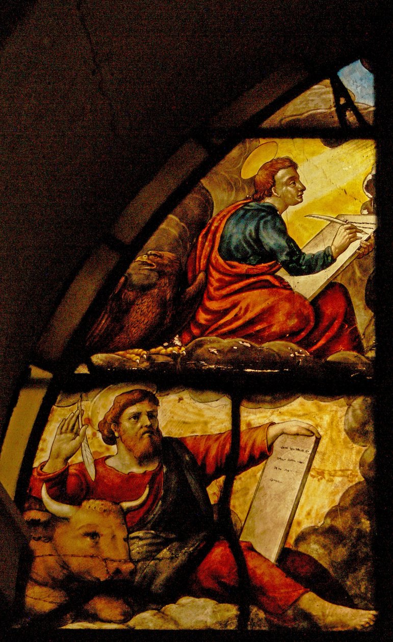 Vindu Charnier-2 som viser evangelistene med Vertens mirakel: St. Luke og St. Johannes av French School