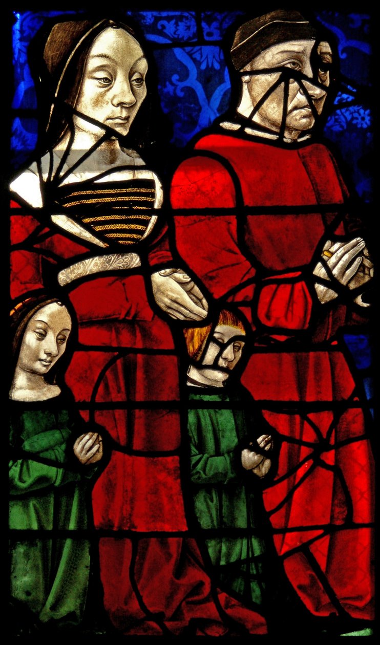 Vindu E1 som viser giverne hertug Jean II de Bourbon og kona Catherine av French School