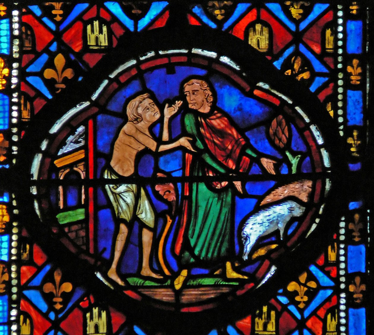 Window Ew-L som skildrer en scene fra historien om den fortapte sønnen: etter å ha brukt alle pengene sine passer han på griser og reflekterer over situasjonen hans av French School