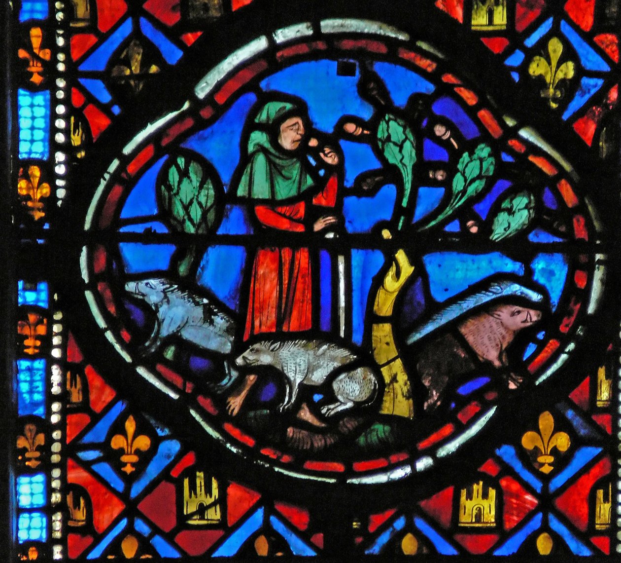 Window Ew-L som viser en scene fra historien om den fortapte sønnen: han passer på griser og tenker av French School
