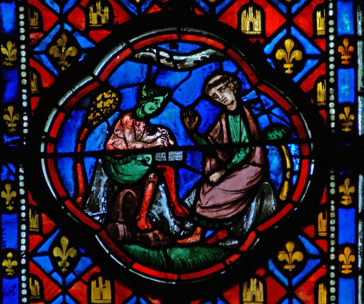 Window Ew-R som viser en scene fra Theophilus-historien: han signerer en pakt med djevelen av French School
