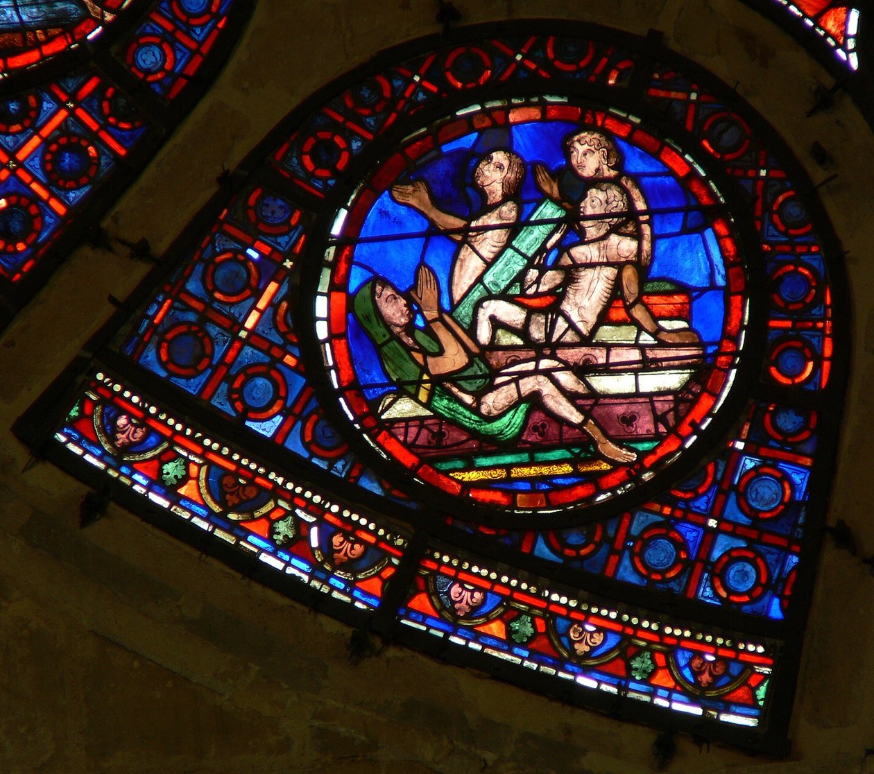 Window Ww som viser en scene fra den siste dommen: sjeler reiser seg ved lyden av trompeten av French School
