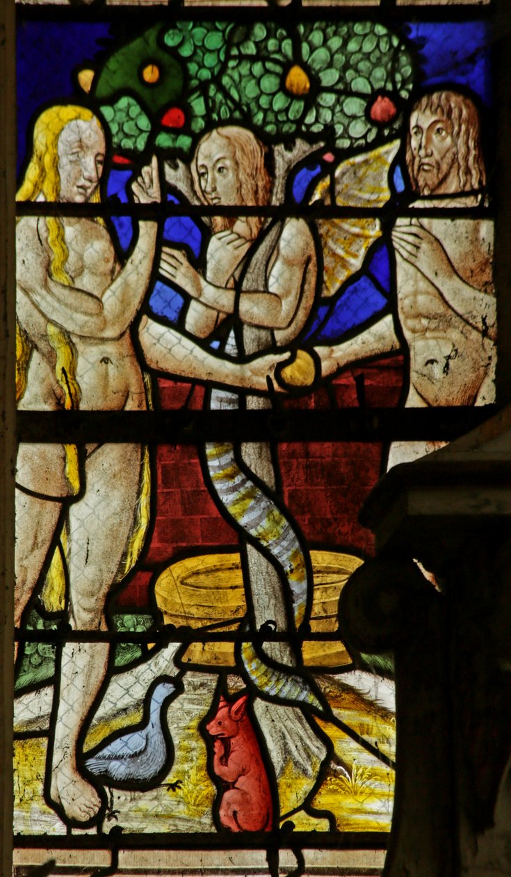 Vindu som viser Adam og Eva og slangen (farget glass) av French School