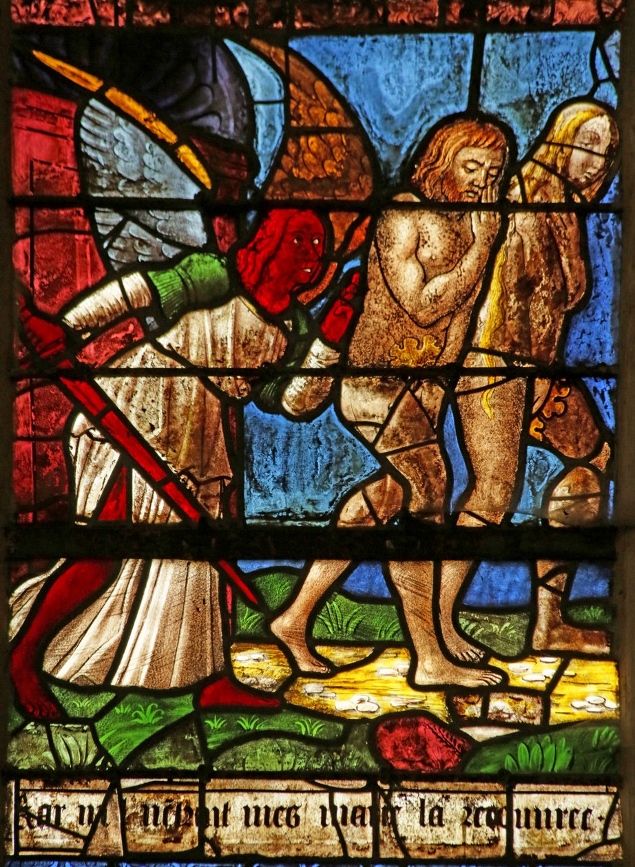 Vindu som viser Adam og Eva som blir utvist fra Eden (farget glass) av French School