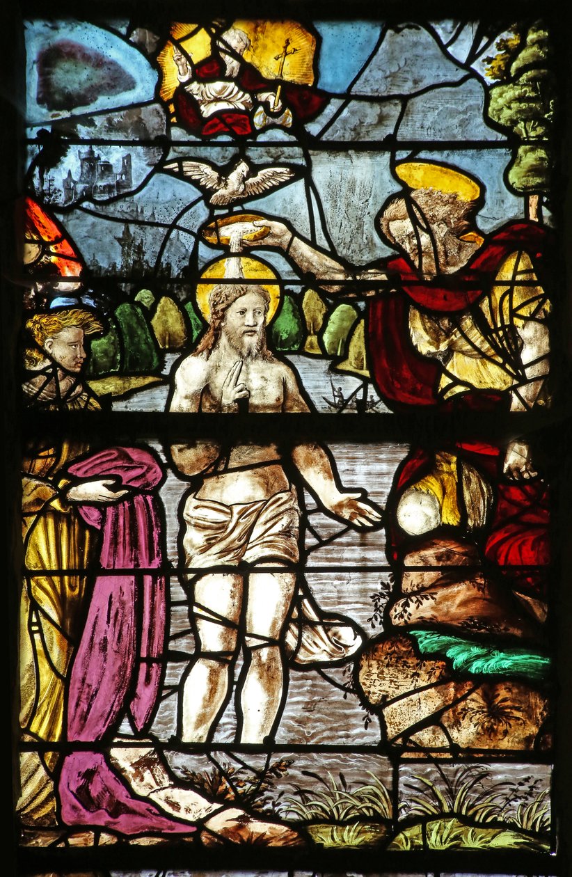 Vindu som viser Kristi dåp i elven Jordan (farget glass) av French School