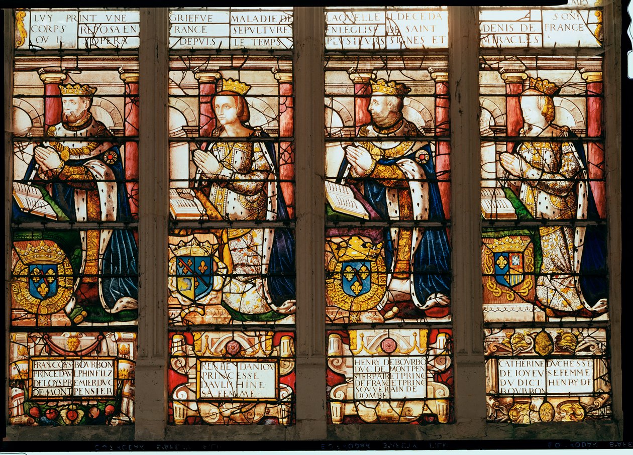 Vindu som viser Francois de Bourbon (1539-92) Prins Dauphin, Rene dAnjou (1550-74) Duchesse de Montpensier, Henri de Bourbon (1573-1608) Duc de Montpensier og Catherine de Joyeuse, Duchesse de Guis av French School
