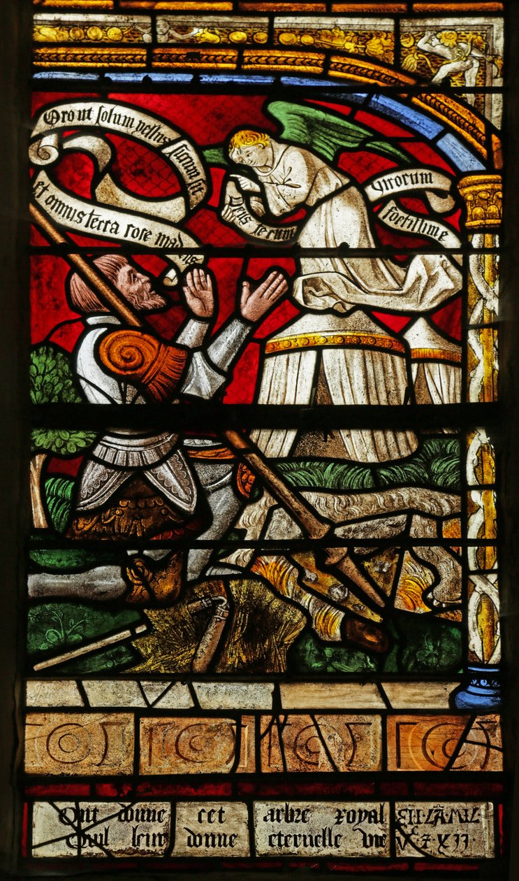 Vindu som viser Gideon og det gylne skinn (farget glass) av French School
