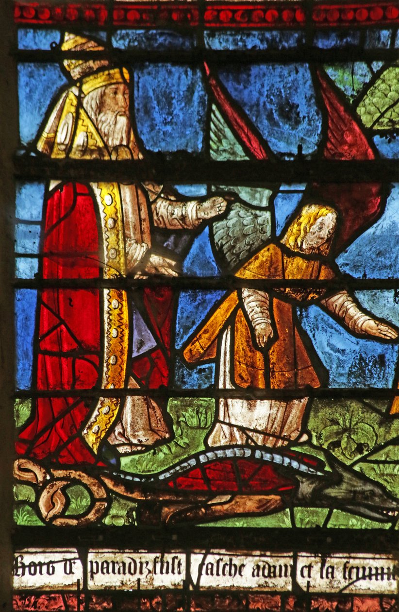 Vindu som viser Gud som forbanner slangen (farget glass) av French School
