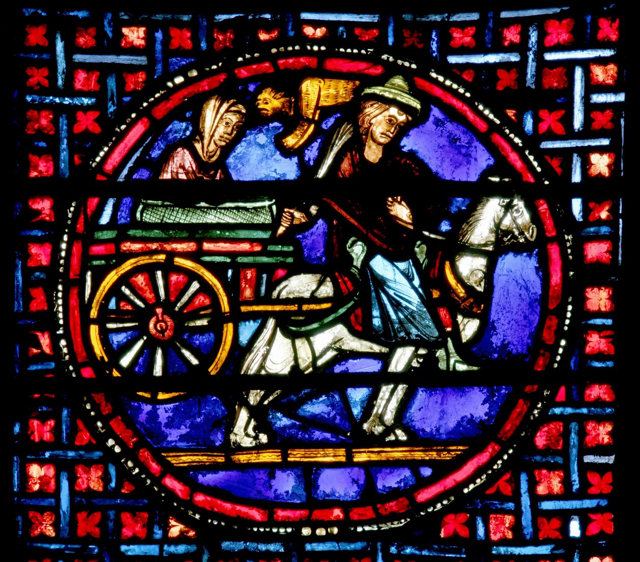 Vindu som viser Julienne som flytter relikviene til St. Stephen til Konstantinopel av French School